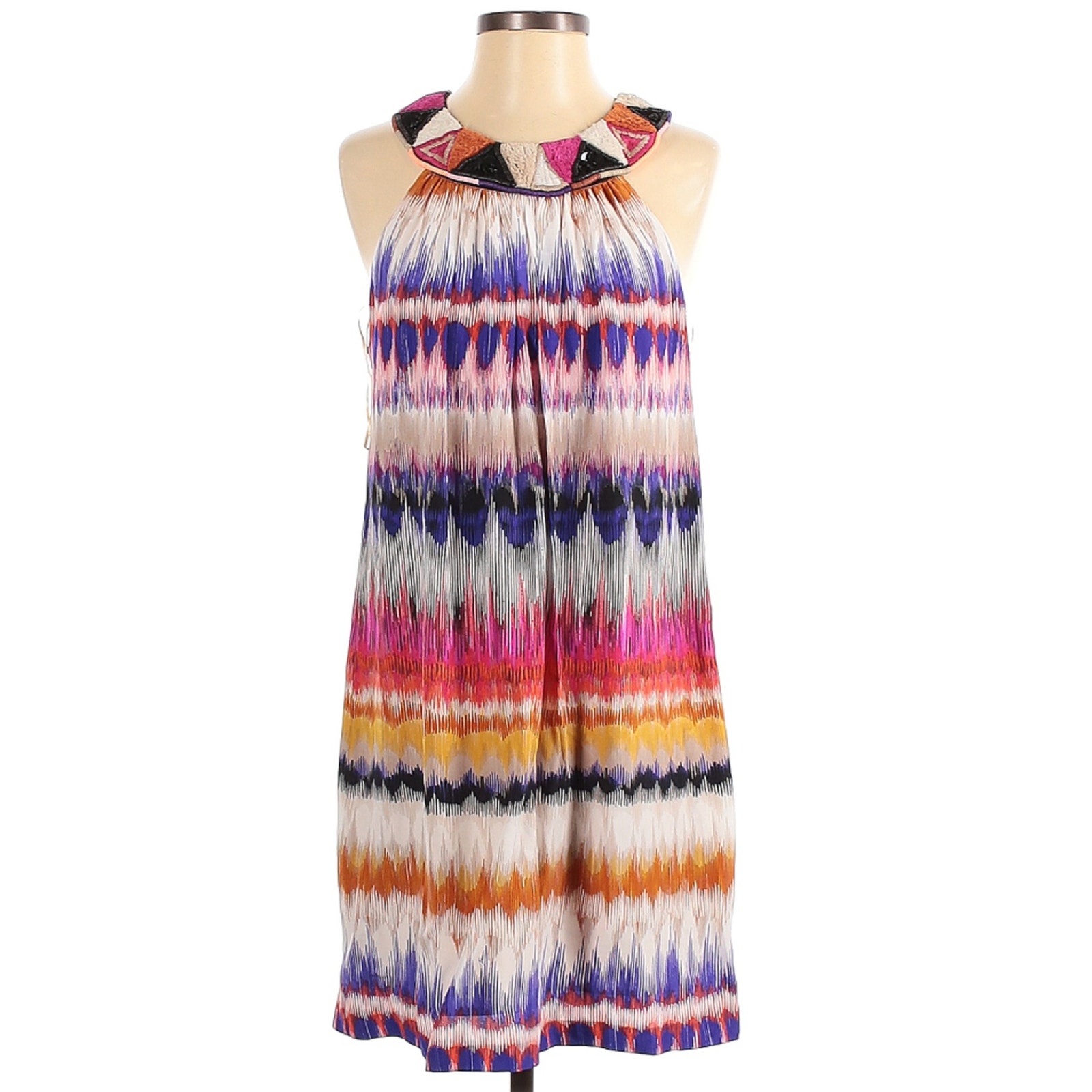 Trina Turk Trista Ethnic Tribal Silk Embellished Beaded Ikat Shift Dress 2 New